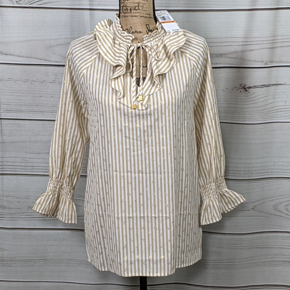 NWT MICHAEL KORS Khaki/White Stripe Top Sz S - Picture 2 of 14